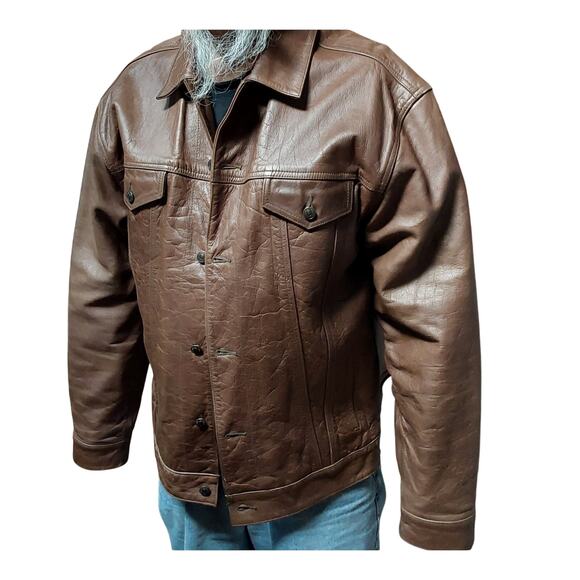 Men's  Y2K Vintage Brown Leather Trucker Bomber Jacket Sz  XXL Gap Blue Jean Tag - Picture 3 of 6